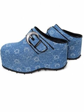 Marine Serre Denim Print Platform Buckle Clogs Mules